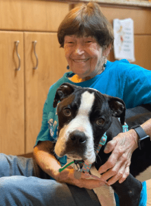 Wally stares at the camera whilst getting cuddles from his foster mom.